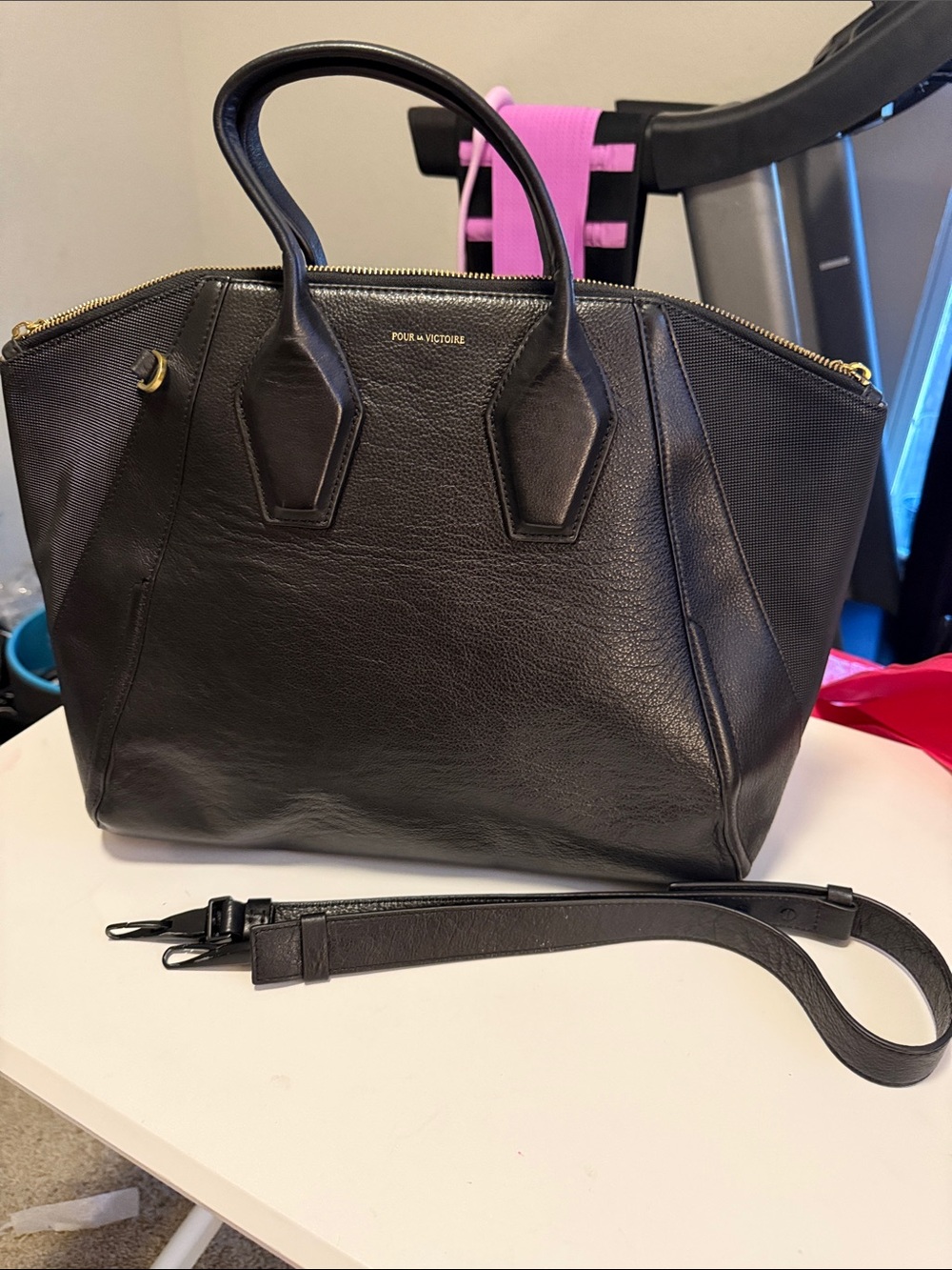 Pour La Victoire Black Leather Top-Handle Satchel with Detachable Strap